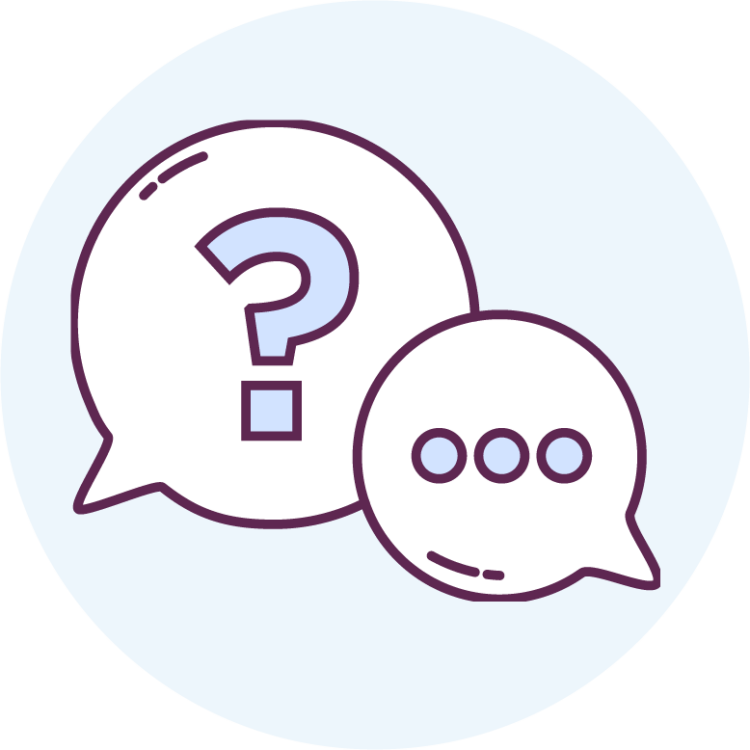 Two speech bubbles in a circle; one has a question mark in it. The other contains an ellipses